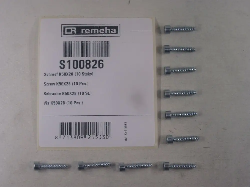 Verpackung mit mehreren Schrauben der Marke Remeha, geeignet für Montagezwecke. Präsentiert wird eine Übersicht der Schrauben in einer klaren Anordnung.